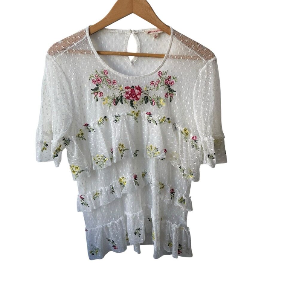 Grand & Greene Sheer Dotted White Floral  Bohemian Swiss Embroidered Top Size L - Picture 2 of 9